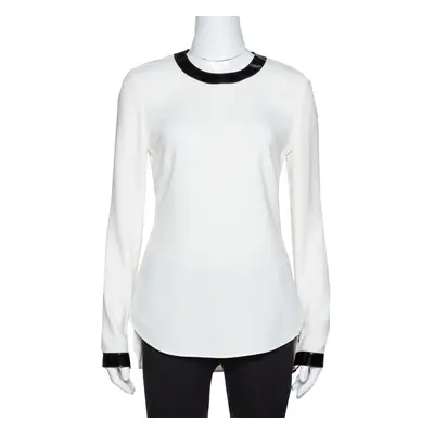 Ralph Lauren Off White Crepe Contrast Leather Trim Blouse