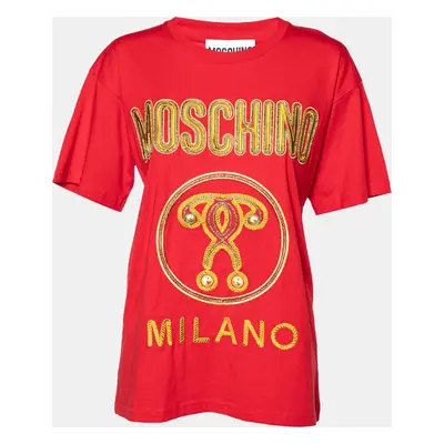 Moschino Couture Red Cotton Knit Logo Embroidered Oversized T-Shirt