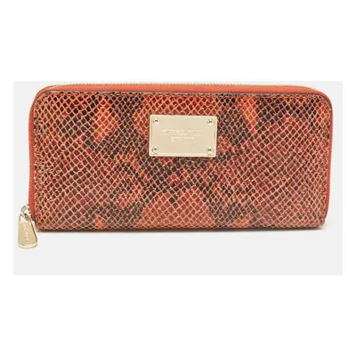 Michael Kors Orange/Brown Snakeskin Embossed Leather Jet Set Zip Around Wallet