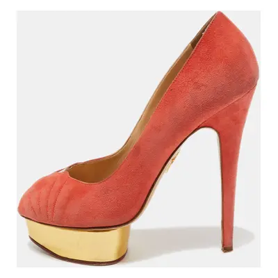 Charlotte Olympia Coral Pink Suede Peep Toe Platform Pumps Size