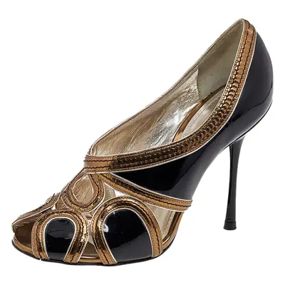 Dolce & Gabbana Black/Gold Patent Leather and Leather Peep Toe Pumps Size