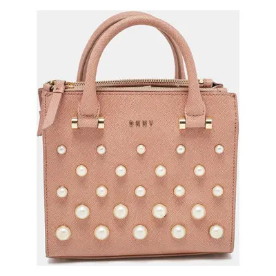 DKNY Pink Textured Leather Pearl Embellished Double Zip Tote