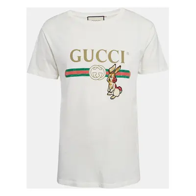 Gucci Off-White Logo Print Cotton Knit Rabbit Patch Detail T-Shirt