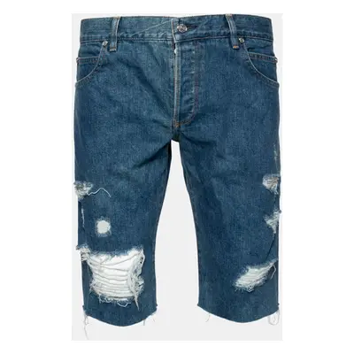 Balmain Blue Distressed Denim Frayed Edge Detail Shorts