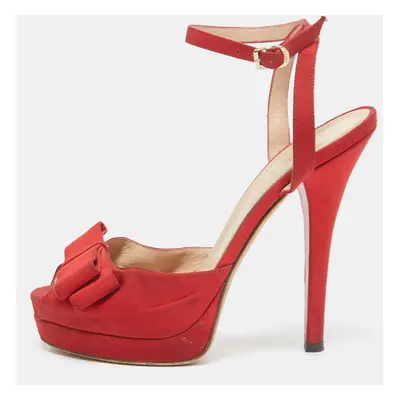 Fendi Red Fabric Bow Ankle Strap Platform Sandals Size