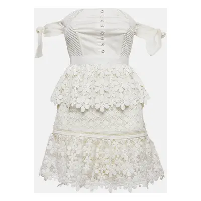 Self Portrait White Lace Tiered Off Shoulder Mini Dress