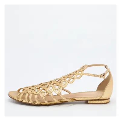 Alexandre Birman Gold Leather Strappy Flat Sandals Size