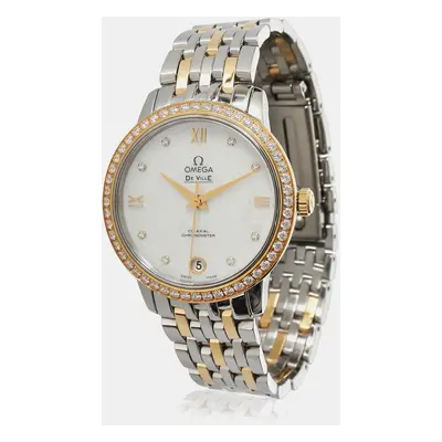 Omega White Mother Of Pearl 18k Yellow Gold Stainless Steel De Ville Prestige 424.25.33.20.55.00