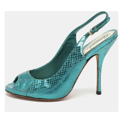 Gucci Blue Python Embossed Leather Sofia Slingback Sandals Size