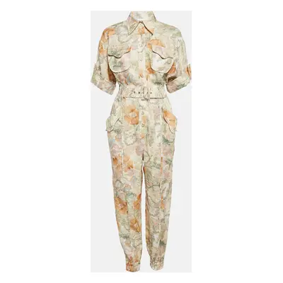 Zimmermann Beige Floral Print Linen Belted Jumpsuit