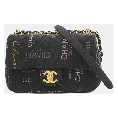 Chanel Black Logo Printed Quilted Denim Small Mood Flap Bag