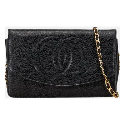 Chanel Black Caviar Skin Leather Coco Mark Chain Wallet