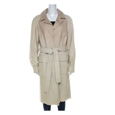 Oscar de la Renta Beige Perforated Python Embossed Leather Belted Coat