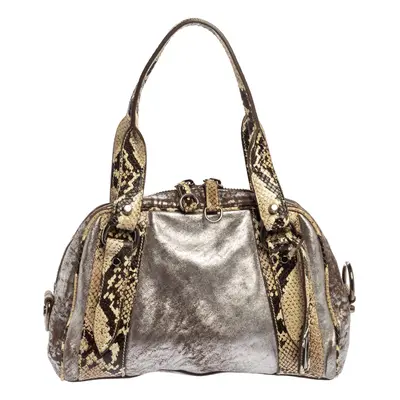 Miu Miu Silver/Cream Leather and Python Zip Satchel