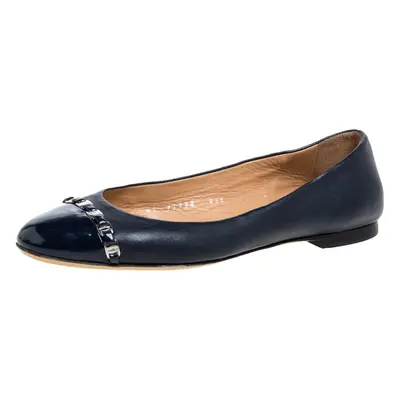 Salvatore Ferragamo Navy Blue Leather Pim Chain Ballet Flats Size