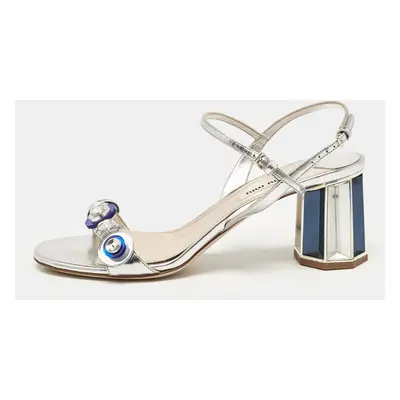 Miu Miu Silver Leather Crystal Embellished Ankle Strap Sandals Size