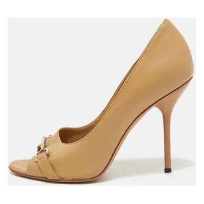 Gucci Beige Leather Horsebit Peep Toe Pumps Size 38.5