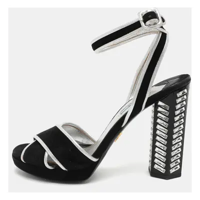 Prada Black/Silver Suede and Leather Ankle Strap Sandals Size 39.5