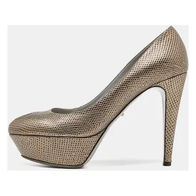 Sergio Rossi Grey Lizard Embossed Leather Peep Toe Platform Pumps Size 38.5