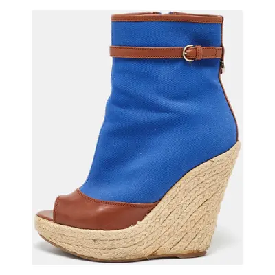 Sergio Rossi Blue/Brown Canvas and Leather Espadrille Wedge Boots Size