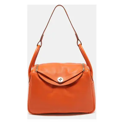 Hermes Orange Evercolor Leather Palladium Finish Lindy Bag