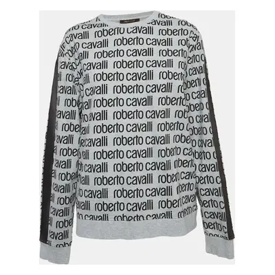 Roberto Cavalli Grey Logo Print Cotton Crew Neck Sweatshirt