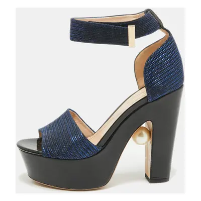 Nicholas Kirkwood Blue/Black Lurex Fabric and Patent Maya Sandals Size