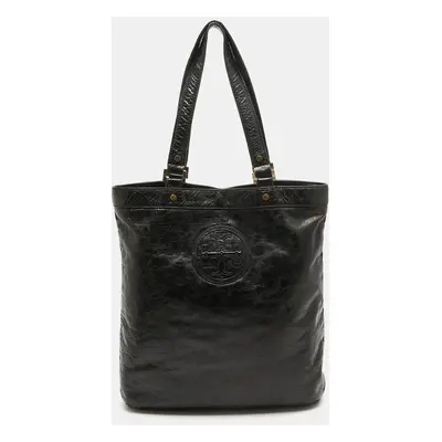 Tory Burch Black Crinkled Patent Leather Embossed Tote