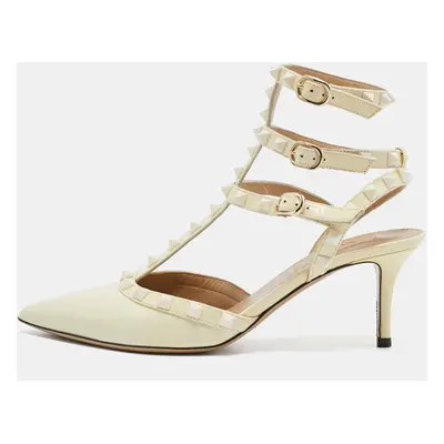 Valentino Cream Patent Leather Rockstud Ankle Strap Pumps Size