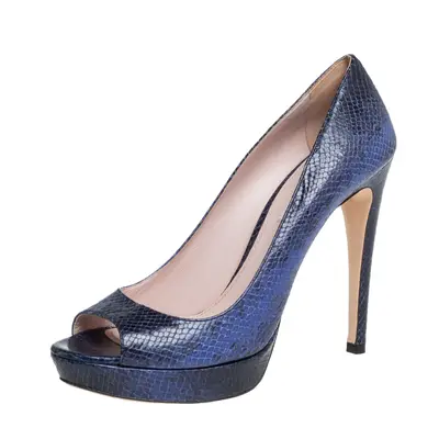 Miu Miu Blue/Black Python Embossed Leather Peep Toe Platform Pumps Size 39.5