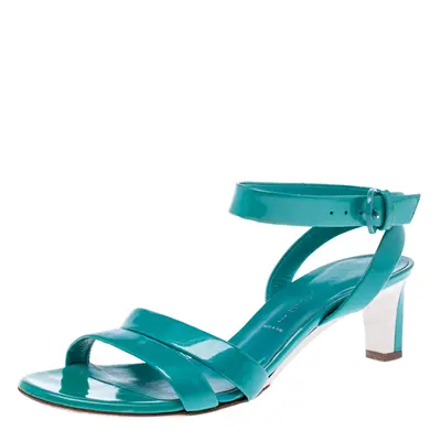 Casadei Turquoise Patent Leather Open Toe Cross Strap Mid Heel Sandals Size