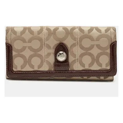 Coach Beige/Brown Signature Canvas and Patent Leather Flap Continental Wallet