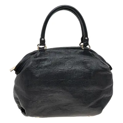 Carolina Herrera Black Monogram Embossed Leather Boston Bag