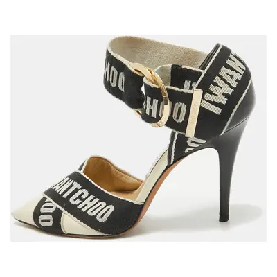 Jimmy Choo White/Black Leather and Canvas Buckle Pumps Size