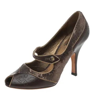 Prada Vintage Brown Leather And Sequins Mary Jane Peep Toe Pumps Size