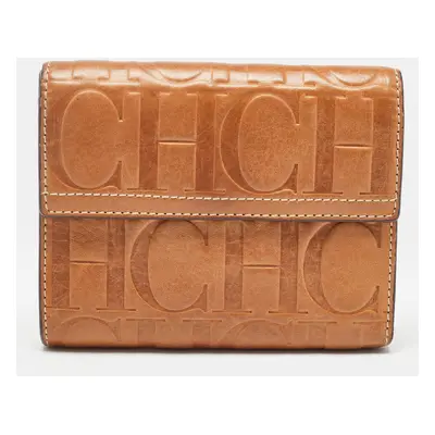 Carolina Herrera Brown Monogram Embossed Leather Trifold Wallet