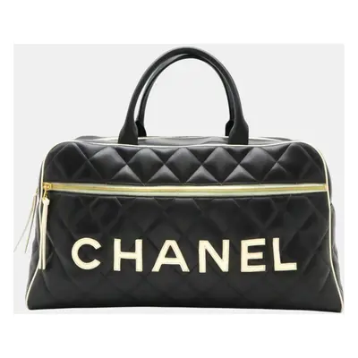 Chanel Black White Leather Matelasse Bowling Boston Bag