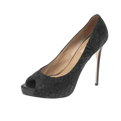 Valentino Black Lace Peep Toe Platform Pumps Size