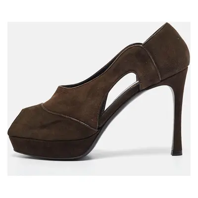 Yves Saint Laurent Brown Cut Out Suede Peep Toe Pumps Size 38.5