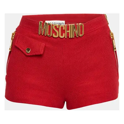 Moschino Red Textured Cotton Logo Metal Detail Shorts