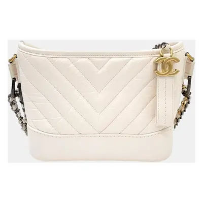 Chanel White Leather Chevron Gabrielle Small Hobo Bag