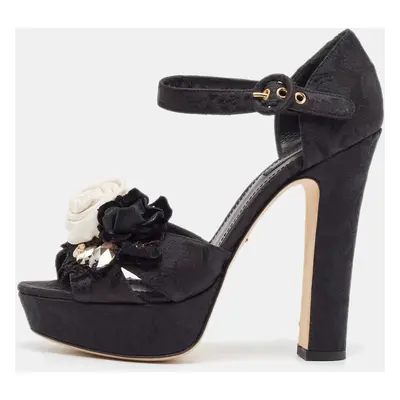 Dolce & Gabbana Black Brocade Fabric Embellished Ankle Strap Sandals Size