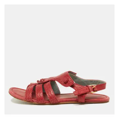 Balenciaga Red Leather Arena T-Strap Flat Sandals Size