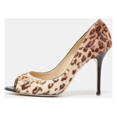 Jimmy Choo Tricolor Animal Print Calf Hair Studded Open Toe Pumps Size 39.5