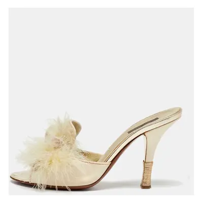 Louis Vuitton Cream Satin and Ostrich Feather Bow Slide Sandals Size