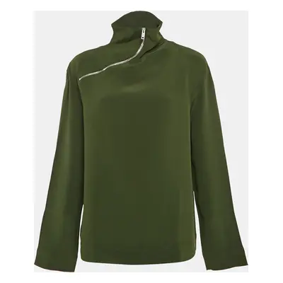 Celine Green Silk Zip Detail High Neck Top