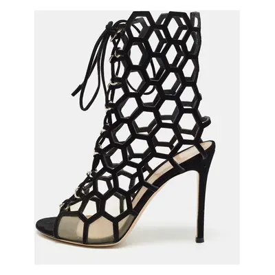 Gianvito Rossi Black Suede and Mesh Cut Out Sandals Size