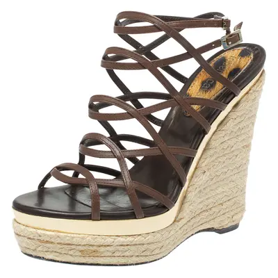 Roberto Cavalli Brown Leather Wedge Platform Espadrille Strappy Sandals Size