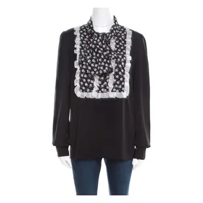 Dolce & Gabbana Monochrome Small Flower Print Silk Ruffled Bib Blouse