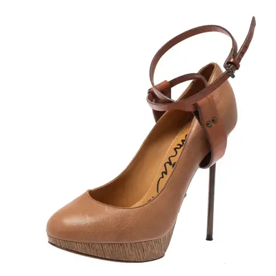 Lanvin Beige/Brown Leather Ankle Strap Platform Pumps